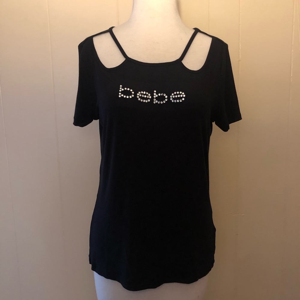 Bebe Large Black Ribbed Top Rhinestone Logo